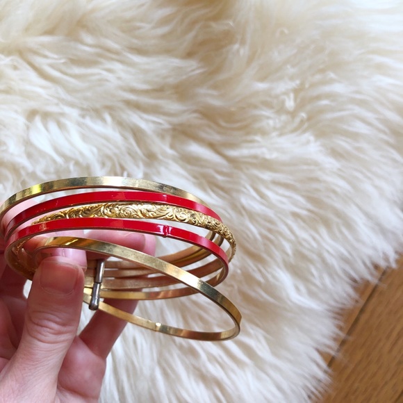 Boho Vintage Gold Red 5-Bangle Metal Bracelet Set - Picture 3 of 3